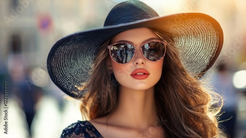 Obraz na płótnie A fashionable girl with a floppy hat, walking down a city street on a sunny day. w salonie