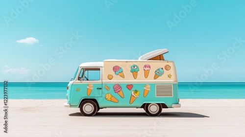 A vibrant ice cream truck parked on a sandy beach, with colorful ice cream graphics, under a clear blue sky.