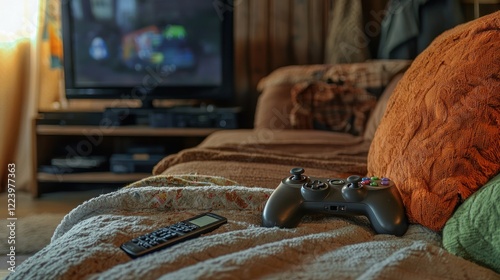 Obraz na płótnie A game controller lying on a couch next to a television remote, in a cozy living room. w salonie