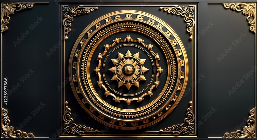 Obraz premium Ornate ceiling design. Luxurious black, gold mandala pattern. Decorative frame. Elegant 3D model. Intricate ornamental pattern. Opulent visual. Rich, regal style. High-end aesthetic. Stylish interior