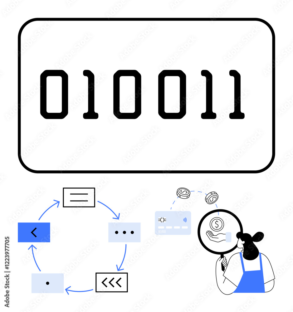 Binary code 010011 on top, a circular process flow diagram, and a person analyzing financial transactions. Ideal for data analysis, coding, systems, digital transactions, technology, finance Binary code 010011 on top, a circular process flow diagram, and a person analyzing financial transactions. Ideal for data analysis, coding, systems, digital transactions, technology, finance