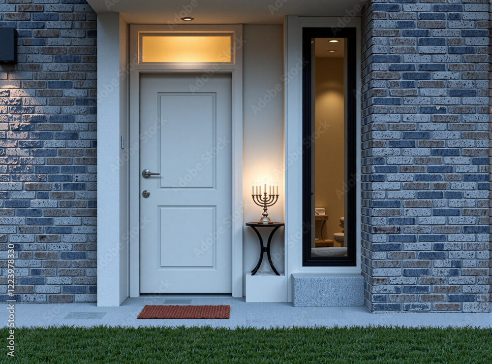 Fototapeta premium Flat view of a modern door with a menorah placed on a small outdoor table. A blank doormat and clean brick walls frame the minimalist setting, emphasizing Hanukkah themes.