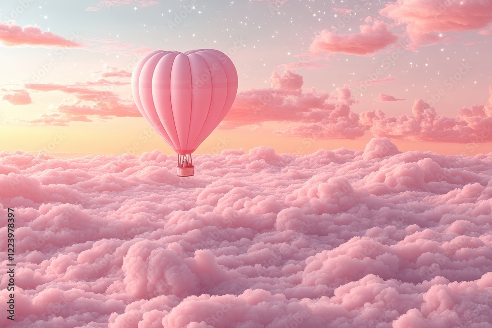 Obraz premium Heart-Shaped Balloon Soaring Above Soft Pink Clouds at Sunrise