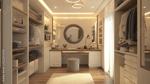 Stylish and spacious interior of a contemporary dressing room with elegant storage solutions and soft lighting photo