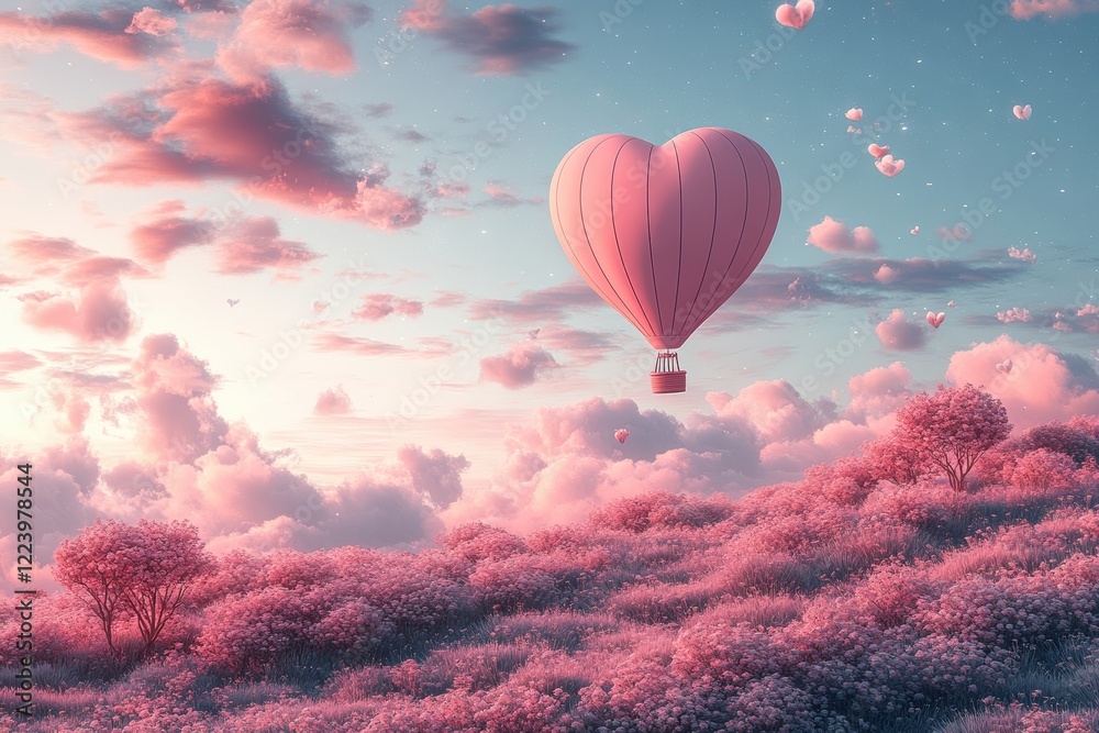 Obraz premium Romantic Heart-Shaped Hot Air Balloon Floating in Pink Cloudscape