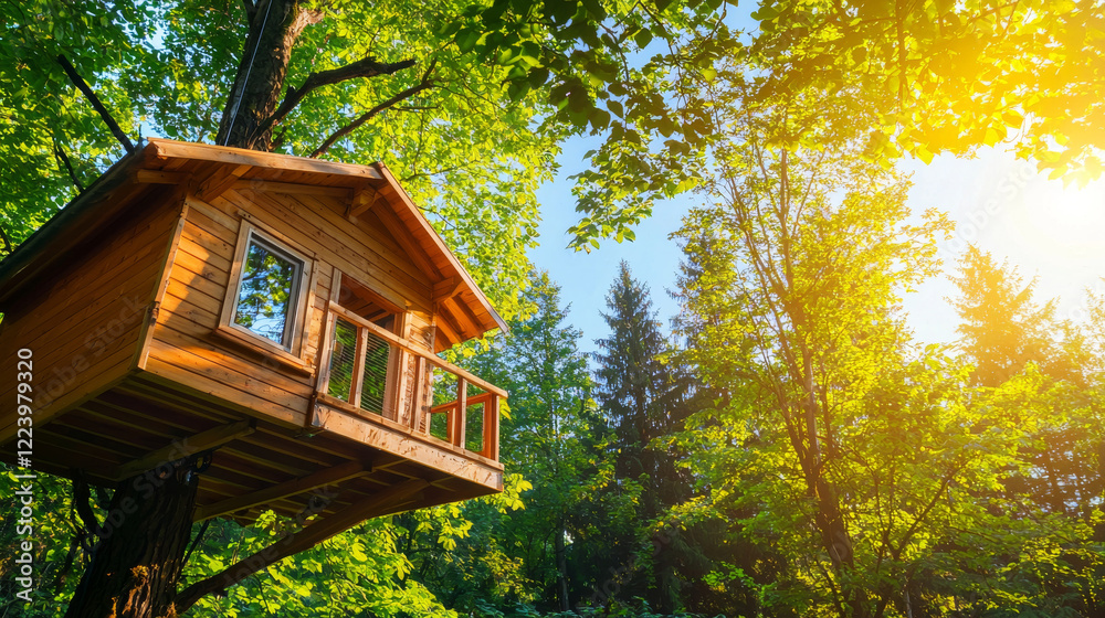 Eco friendly treehouse nestled among lush trees, surrounded by nature beauty, perfect for family adventures and hiking. serene escape into wilderness