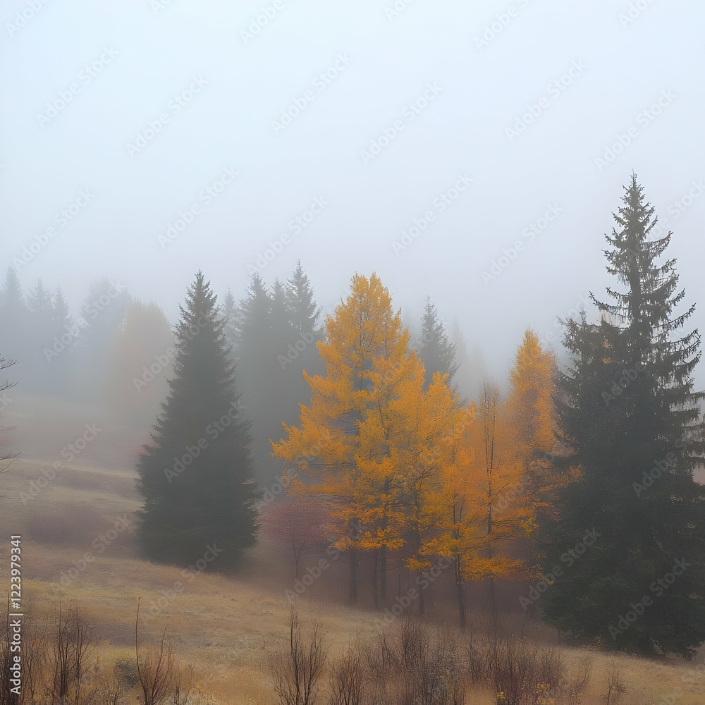 Misty autumn mountain forest, yellow larch trees Misty autumn mountain forest, yellow larch trees