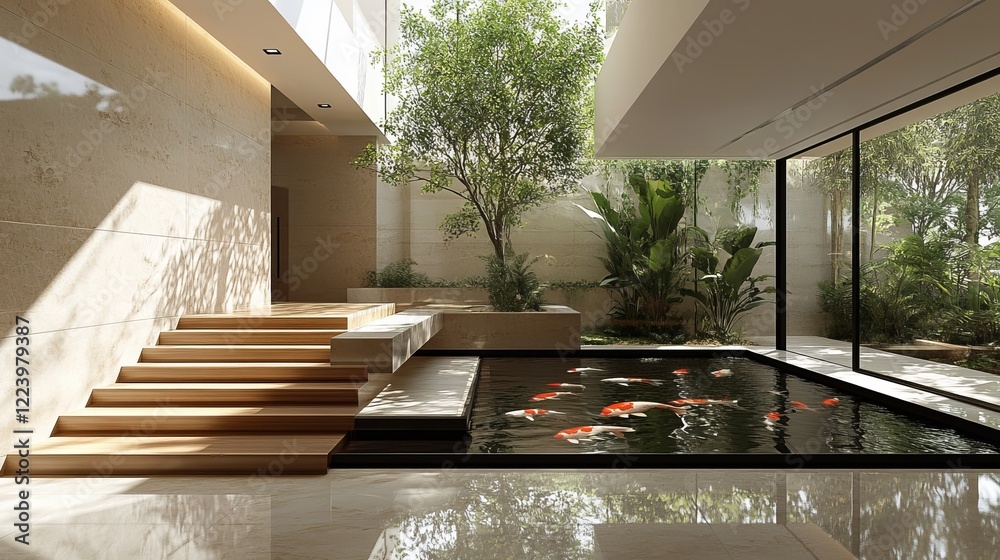 Fototapeta premium Elegant Indoor Space Featuring a Tranquil Large Pond Surrounded by Lush Greenery with an Intricate Staircase Leading to a Cozy Relaxation Area Creating a Peaceful Atmosphere for Reflection