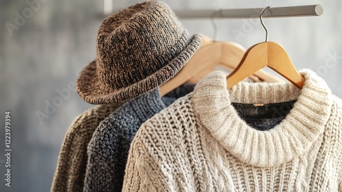 Cozy knitted sweaters on wooden hangers with stylish felt hat, autumn fashion scene photo