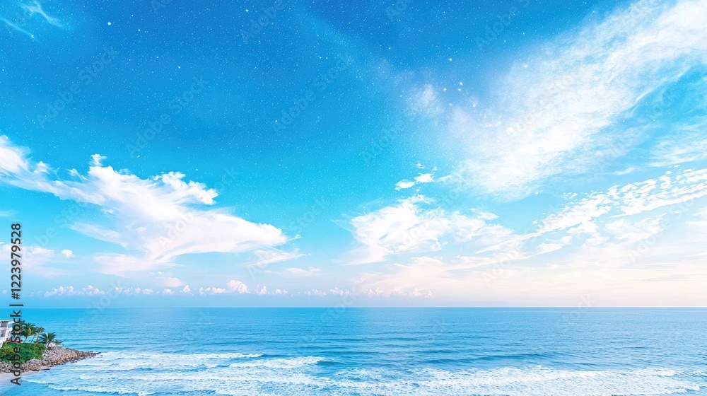 Fototapeta premium Tranquil ocean sunrise, coastal view, calm waves, peaceful sky