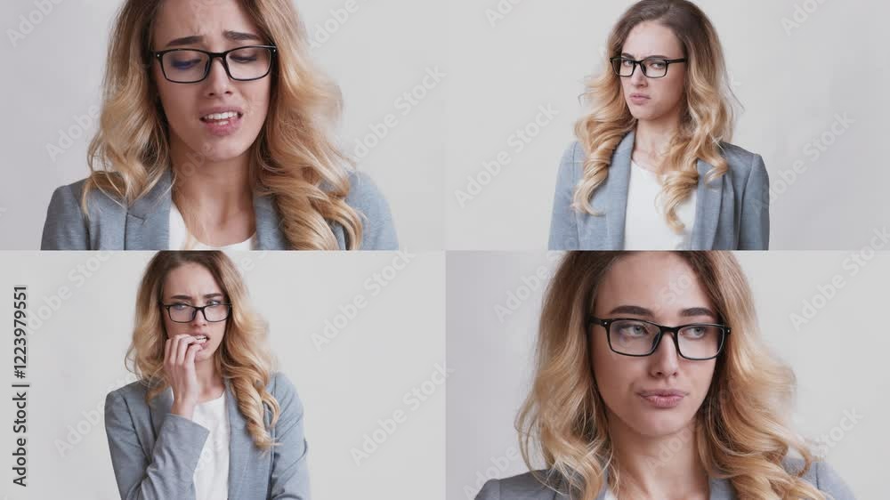 A woman in formal attire displays a range of emotions, from concern to contemplation, captured in a collage of expressions. Background is neutral and isolated, focusing on her gestures. A woman in formal attire displays a range of emotions, from concern to contemplation, captured in a collage of expressions. Background is neutral and isolated, focusing on her gestures.