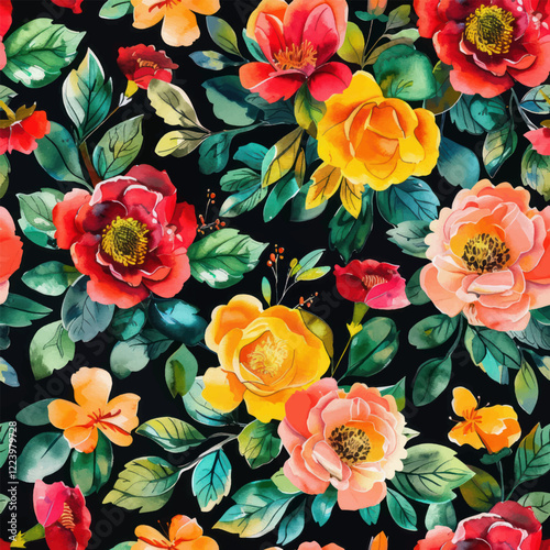 Cute bright colors, including reds, yellows, oranges, greens, and pinks watercolor floral seamless pattern. Watercolor print in rustic vintage style, textile or wallpapers.