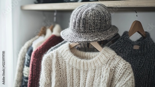Cozy knitted sweaters on wooden hangers with stylish felt hat, autumn fashion scene photo
