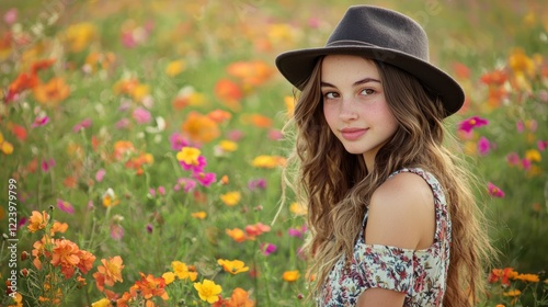A girl with a chic fedora hat, standing in a field of flowers with a soft breeze in her hair.