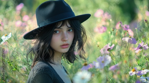 Obraz na płótnie A girl with a chic fedora hat, standing in a field of flowers with a soft breeze in her hair. w salonie