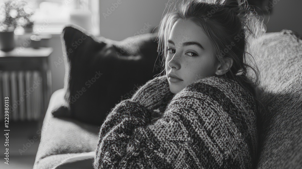 A girl wrapped in a chunky sweater, enjoying a peaceful moment in a cozy living room.