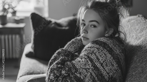A girl wrapped in a chunky sweater, enjoying a peaceful moment in a cozy living room.