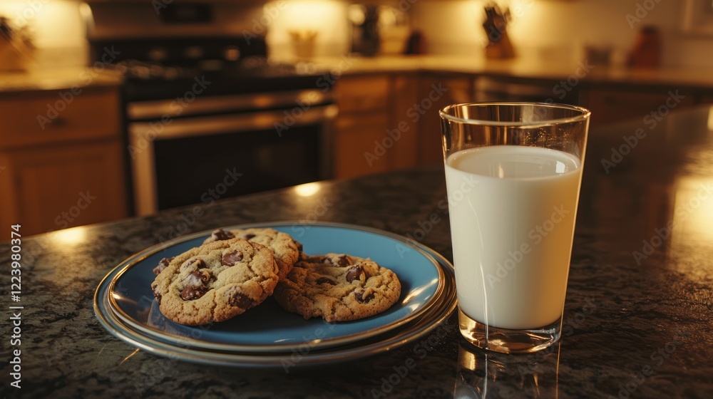 A glass of milk next to a plate of freshly baked cookies on a cozy kitchen countertop.