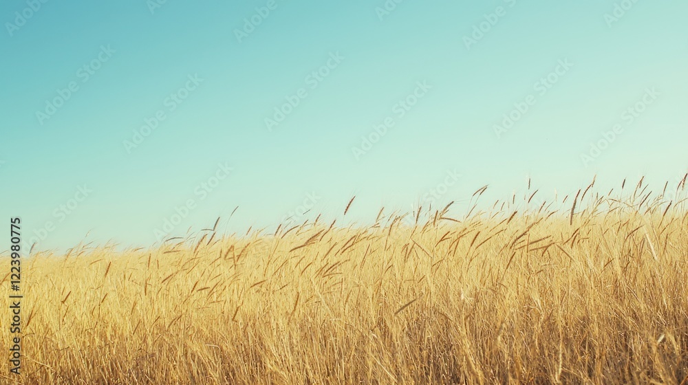 A golden grain field swaying gently in the breeze under a clear blue sky.