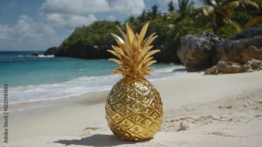 A golden pineapple sitting on a sandy beach with the ocean in the background