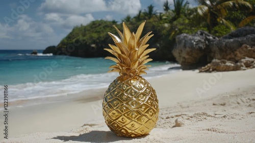 Obraz na płótnie A golden pineapple sitting on a sandy beach with the ocean in the background w salonie
