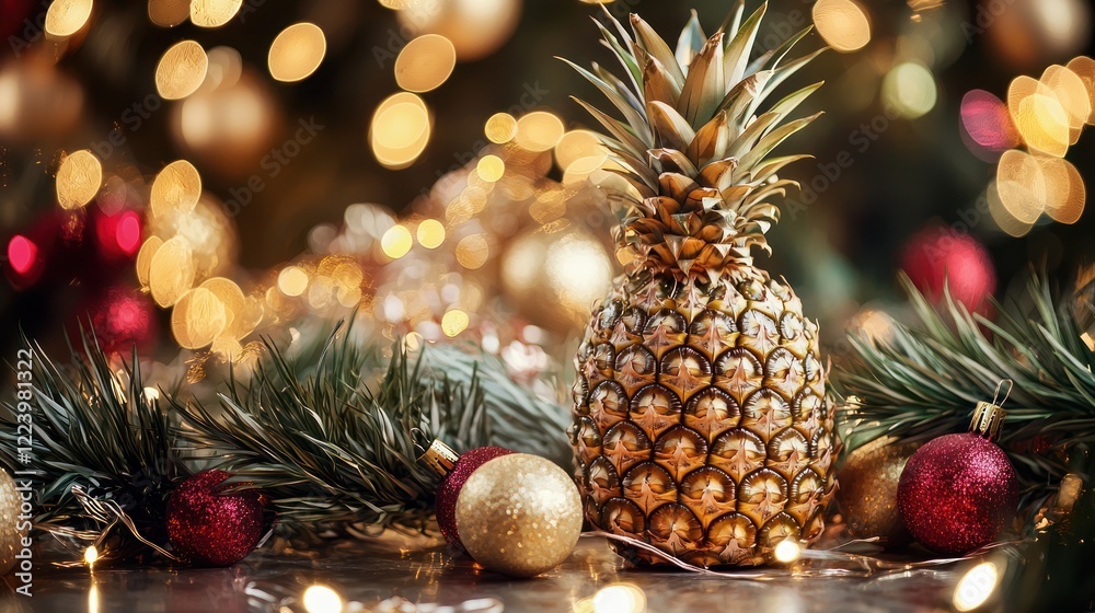 A golden pineapple surrounded by festive decorations and lights