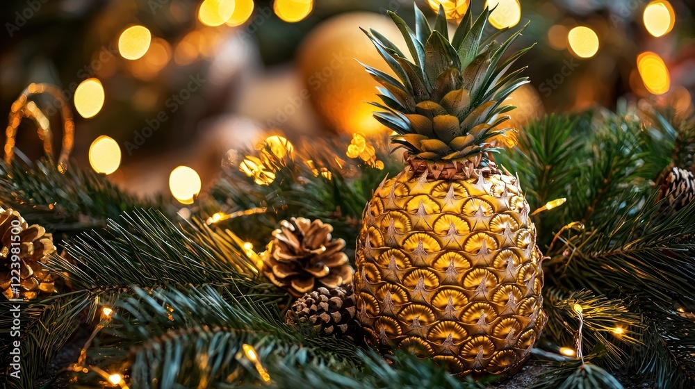 A golden pineapple surrounded by festive decorations and lights