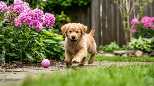 Obraz na płótnie A Golden Retriever puppy happily playing with a ball in the backyard.
