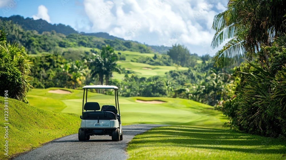 A golf cart on a cart path, surrounded by lush greenery and rolling hills of the golf course.