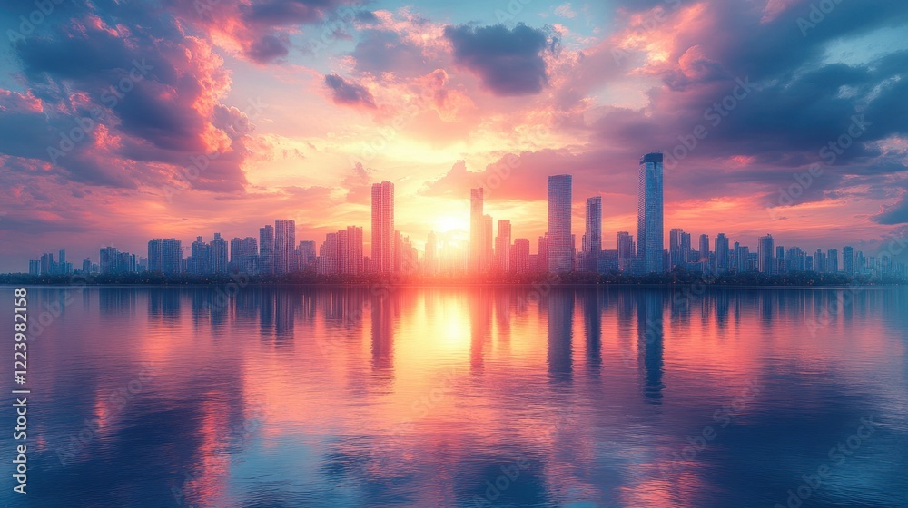 Naklejka premium Serene Sunset Over Doha Skyline with Modern Architecture and Calm Waters