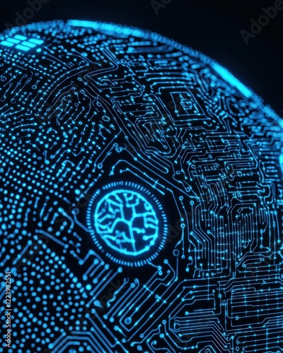Abstract Digital Circuitry Sphere with Blue Lines and Patterns on a Dark Background
