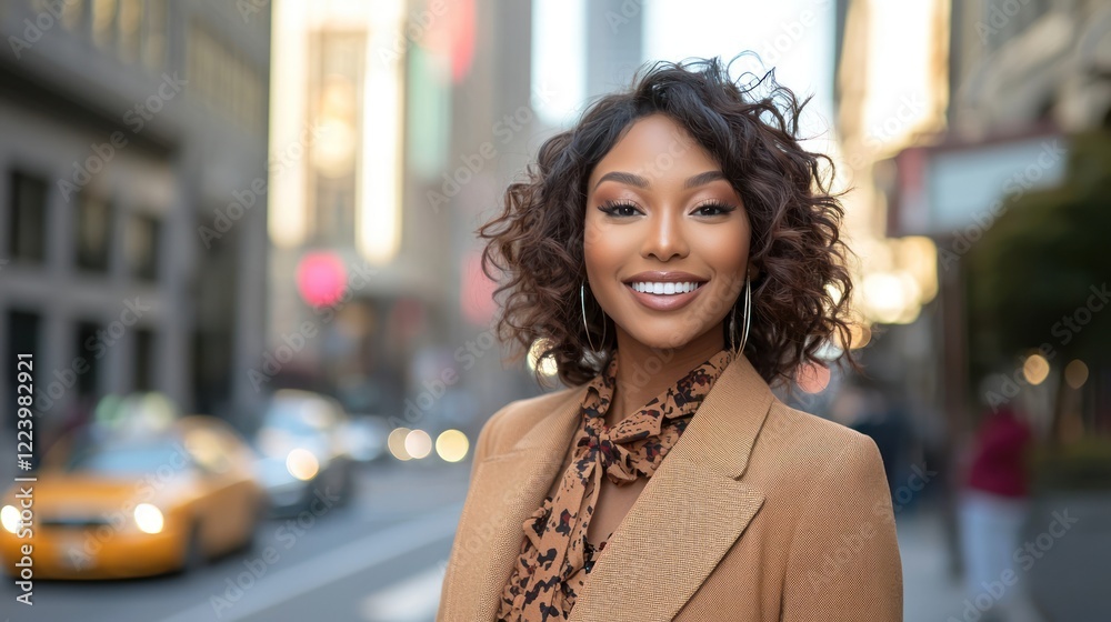 A gorgeous woman smiling confidently while walking down a city street in a stylish outfit