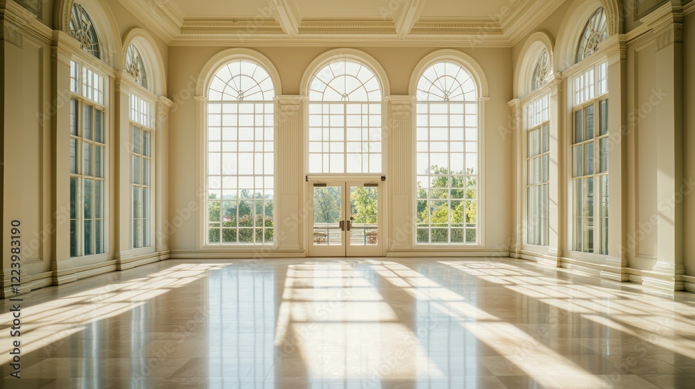 A grand hall with large windows, letting in soft natural light