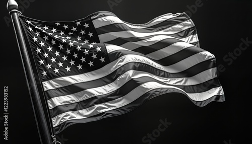 Black, white american flag waving on black background. Flag moving by strong wind. Textile design with stripes, stars. Monochrome style. Patriotic symbol. American symbol. Strong patriotic feeling.