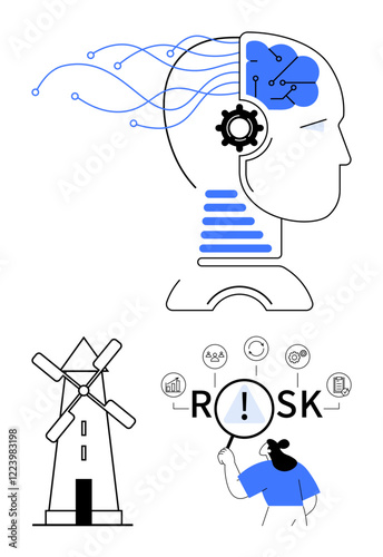 Human head with AI elements, windmill representing sustainability, person analyzing risks with magnifying glass. Ideal for AI, energy, innovation, sustainability, management, future technology