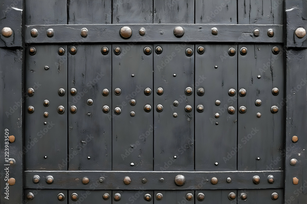 Old wooden gate, metal rivets, castle background Old wooden gate, metal rivets, castle background