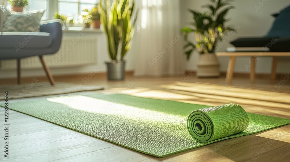 A green yoga mat laid out in a cozy living room for a home workout