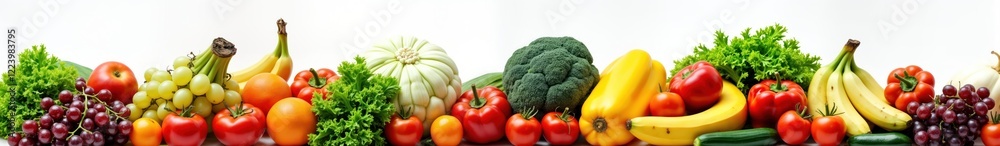 Fresh fruits, vegetables arranged in wide layout against plain white background. Colorful assortment includes various types of fruits, vegetables like tomatoes, apples, bananas, grapes, peppers,