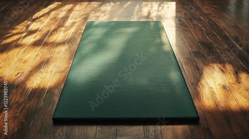 Obraz na płótnie A green yoga mat on a wooden floor, ready for a morning workout w salonie