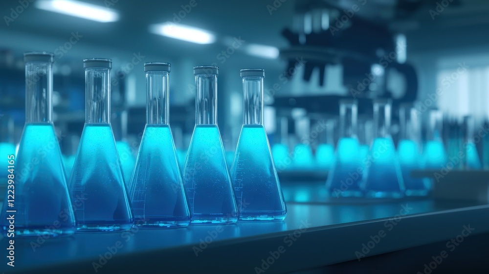 Fototapeta premium Row Of Beakers Filled With Bright Blue Liquid In A Modern Laboratory Setting