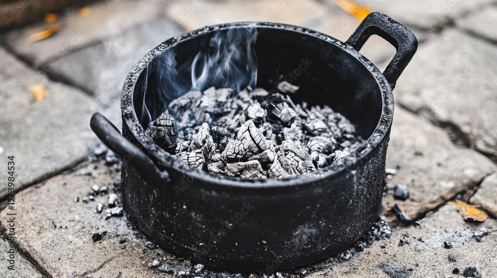 Charred Ashes in Black Pot on Stone Surface with Smoke Rising Charred Ashes in Black Pot on Stone Surface with Smoke Rising