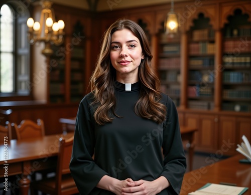 Young female priest stands in library-like church space. Wears clerical collar, black robe. Modern, confident expression present. Religious setting. Indoor shot. Faithful woman. Clergy in peaceful photo