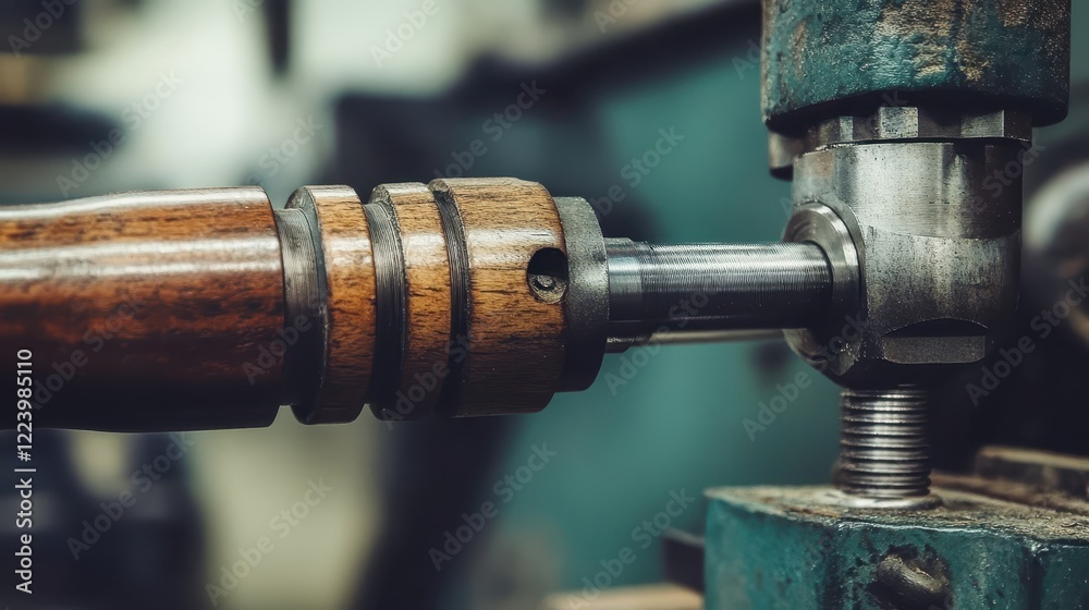 Close-up of Precision Metal Tool with Wooden Handle in Workshop Close-up of Precision Metal Tool with Wooden Handle in Workshop