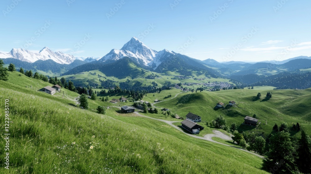 Obraz premium Alpine Village in Sunny Meadow