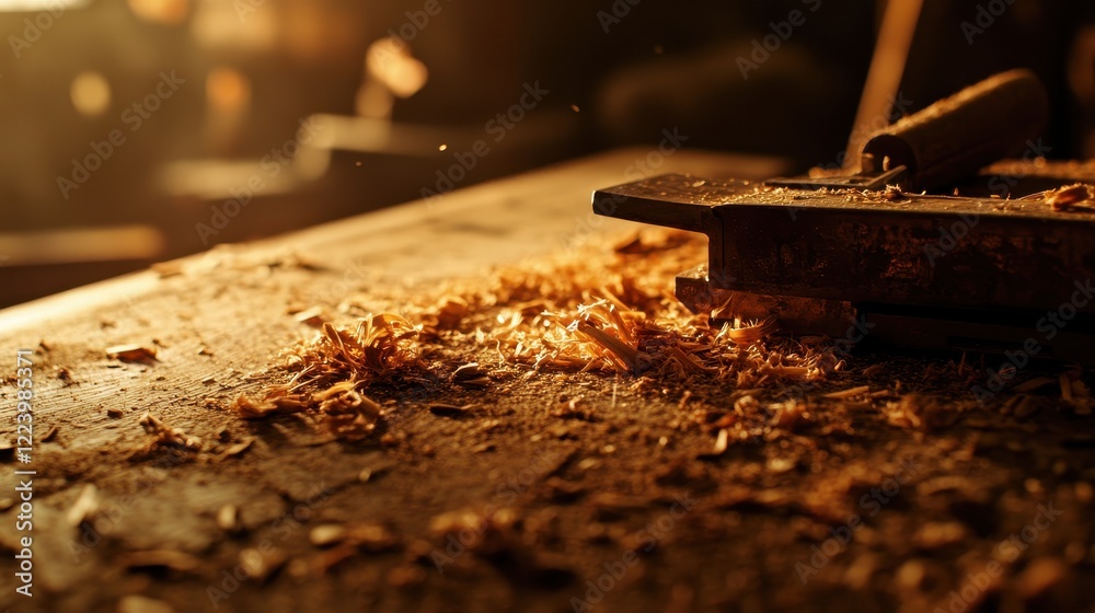 Close-up of Woodworking Process with Shavings on a Rustic Surface