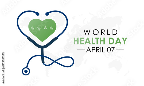 World health day. The goal is to create a world and people that are healthy and happy. Design of earth, heart, stethoscope. Design for banner, cards, prints, social media, poster, flyer and background