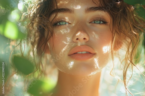 Young Asian Woman Drinking Mineral Water in a Forest Park photo