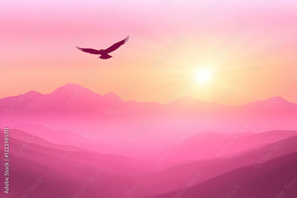 Naklejka premium Pink sunrise, bird flying, mountain range