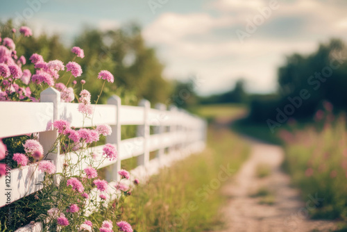 serene path lined with white fence and blooming pink flowers creates picturesque scene. soft focus adds dreamy quality to landscape, inviting tranquility and peace photo