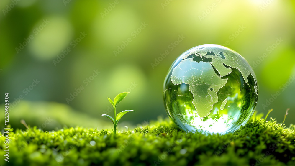 A sprout near crystal globe in environment. Environmental concept earth day, save trees, forest day. A sprout near crystal globe in environment. Environmental concept earth day, save trees, forest day.